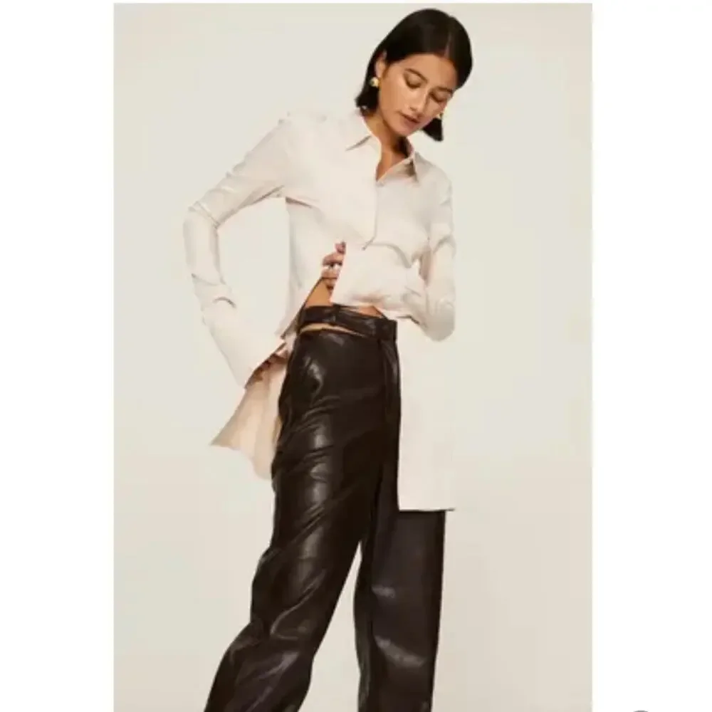 Jonathan Simkhai Amelia brown leather cutout high waist straight pants - Picture 4 of 14